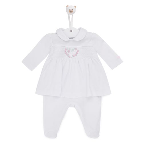 Macacão de Bebê Vestido com bordado Rococó Coração - BRANCO