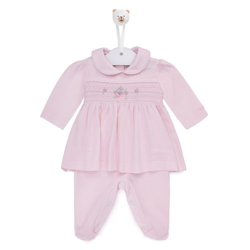 Macacão de Bebê Vestido com Bordado Rococó Flores - ROSA