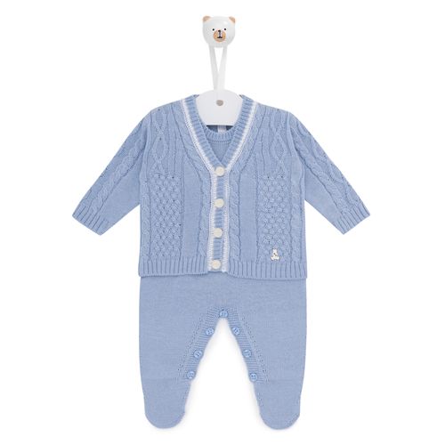 Saída de Maternidade Masculina Tricot com Manta Ponto Trança - AZUL