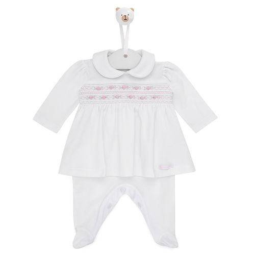 Macacão de Bebê Vestido com bordado Rococó mini flores - BRANCO