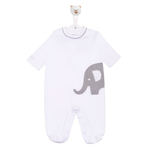 Macacão de Bebê Plush Bordado Elefante - BRANCO