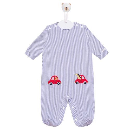 Macacão de Bebê listrado bordado Animais - AZUL E BRANCO