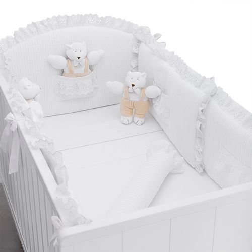 Protetor de Berço Tricot  Bolso Com Urso - BRANCO