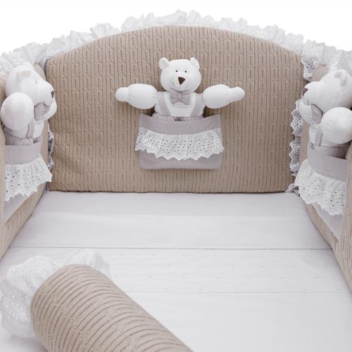 Protetor de Berço Tricot  Bolso Com Urso - KAKI