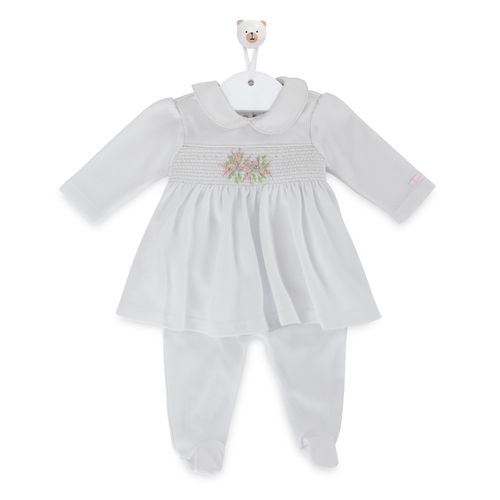 Macacão de Bebê Feminino Longo Plush Vestido Ponto Smock - BRANCO