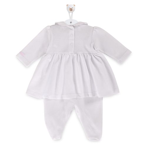 Macacão de Bebê Feminino Longo Plush Vestido Ponto Smock - BRANCO