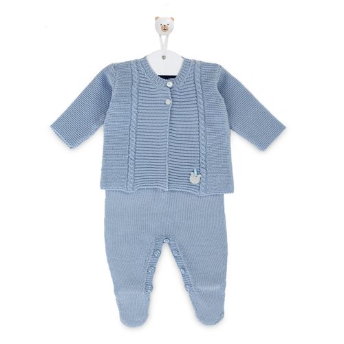Saída de Maternidade Masculina Tricot Jardineira Casaco Ponto Trança - AZUL