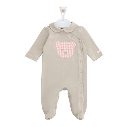 Macacão de Bebê Feminino Longo de Algodão Egípcio Urso Xadrez Rosa - CINZA