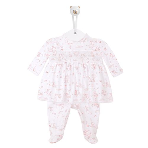 Macacão de Bebê Feminino Longo Vestido Ponto Smock Toile de Jouy - BRANCO