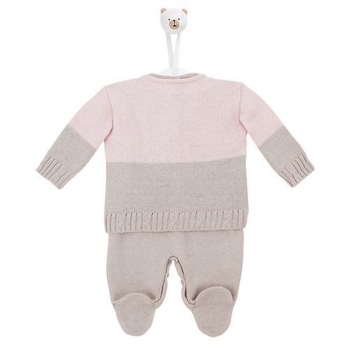 Saída de Maternidade Casaco com Jardineira Duo Colore Pompom - CINZA COM ROSA