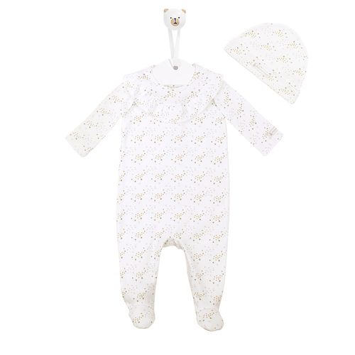 Macacão de Bebê Longo Malha Suedine Com Babadinho Estrelas - BRANCO