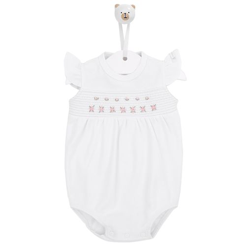 Macacão de Bebê Feminino Curto em Algodão Egípcio Bordado Rococó - BRANCO