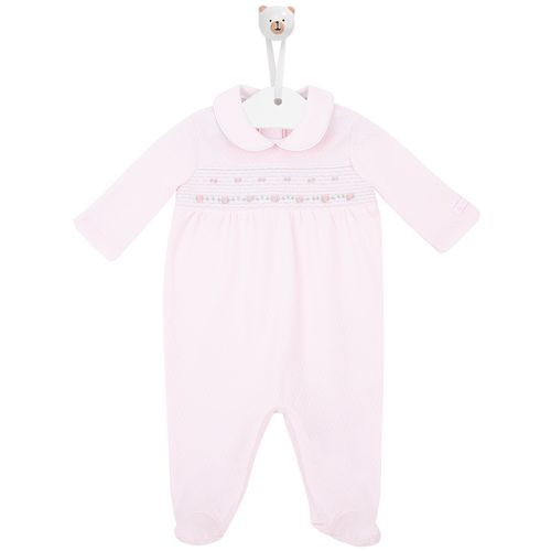 Macacão de Bebê Longo Ponto Smock com Bordado Rococó - ROSA BEBE