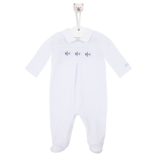 Macacão de Bebê Longo Ponto Smock com Bordado Avião - BRANCO