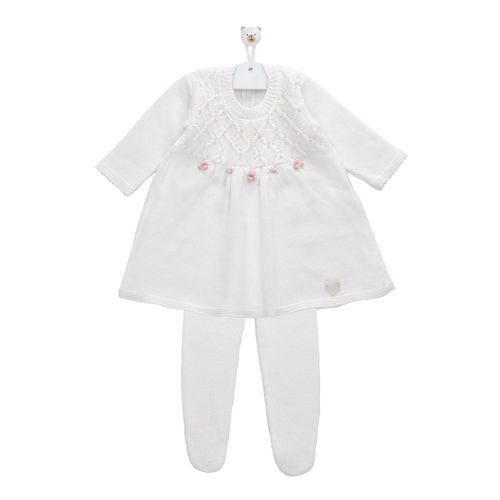 Saída de Maternidade Feminina Vestido com Flor Rococó e Pérolas - BRANCO