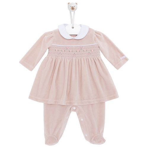 Macacão de Bebê Longo Ponto Smock Vestido - ROSA BLUSH