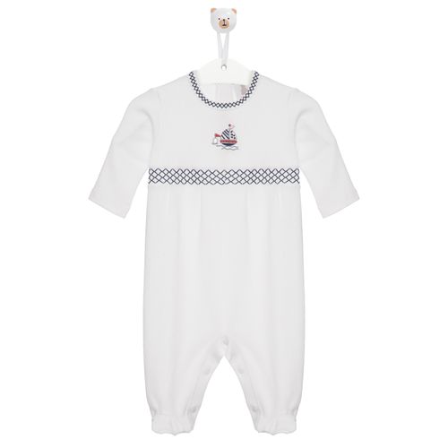 Macacão de Bebê Masculino Longo Ponto Smock Barco - BRANCO