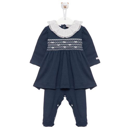 Macacão de Bebê Feminino Longo Ponto Smock Laços - AZUL MARINHO
