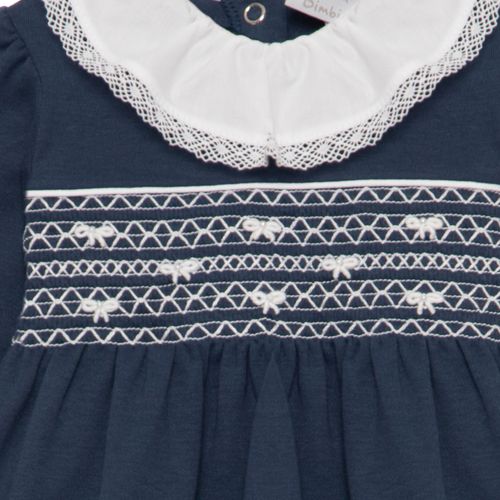 Macacão de Bebê Feminino Longo Ponto Smock Laços - AZUL MARINHO