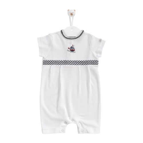 Macacão de Bebê Masculino Curto Ponto Smock Barco - BRANCO