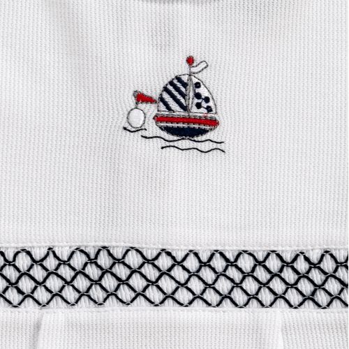 Macacão de Bebê Masculino Curto Ponto Smock Barco - BRANCO