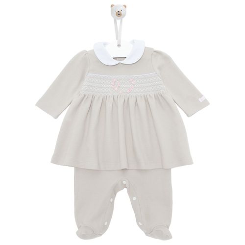 Macacão de Bebê Feminino Longo Ponto Smock com Bordado Rococó - CINZA