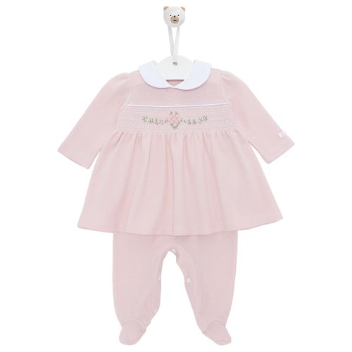 Macacão de Bebê Vestido Longo com Bordado Rococó - ROSA BEBE