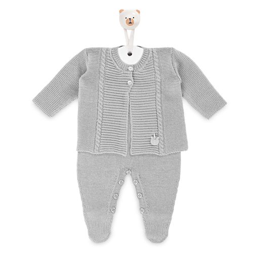 Saída de Maternidade Masculina Tricot Jardineira Casaco Ponto Trança - CINZA