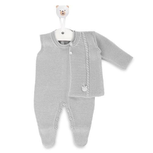 Saída de Maternidade Masculina Tricot Jardineira Casaco Ponto Trança - CINZA