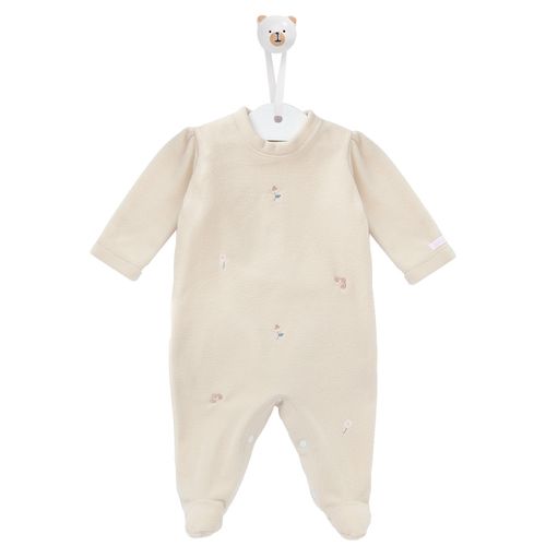 Macacão de Bebê Feminino Longo com Flores Bordado - CRU