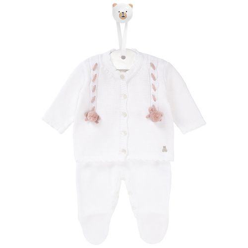 Conjunto de Saída de Maternidade com Manta Feminina Laço e Pompom - BCO/ROSE
