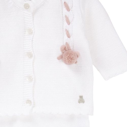 Conjunto de Saída de Maternidade com Manta Feminina Laço e Pompom - BCO/ROSE