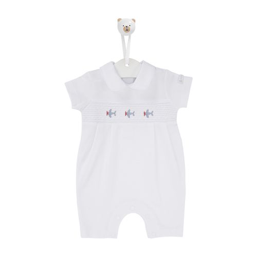 Macacão de Bebê Masculino Curto Ponto Smock com Bordado Avião - BRANCO