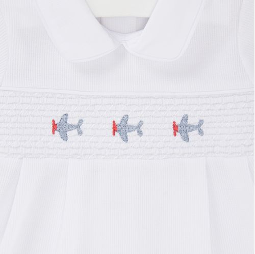 Macacão de Bebê Masculino Curto Ponto Smock com Bordado Avião - BRANCO