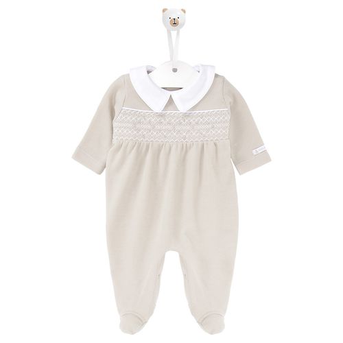 Macacão de Bebê Longo Ponto Smock com Bordado Rococó - CINZA