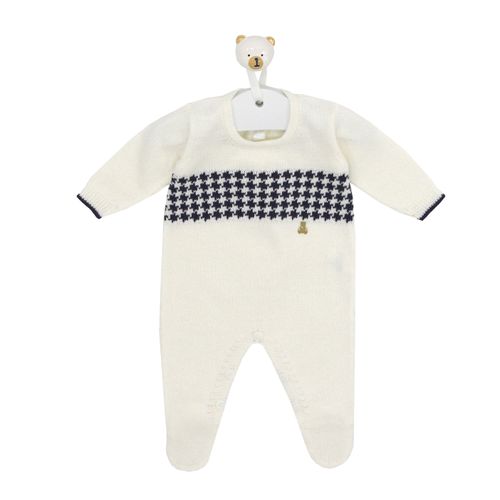 Conjunto de Saída de Maternidade com Manta Estampa Pied de Poule - OFF WHITE E AZUL JEANS