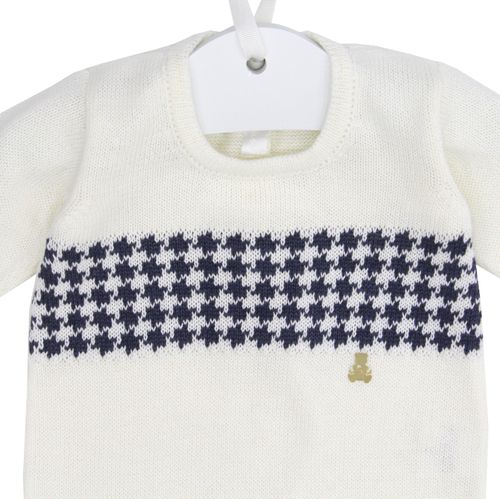 Conjunto de Saída de Maternidade com Manta Estampa Pied de Poule - OFF WHITE E AZUL JEANS