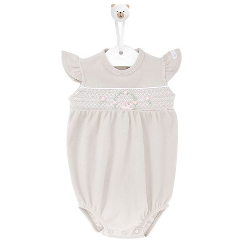 Macacão de Bebê Feminino Curto Ponto Smock com Bordado Rococó Rosas - CINZA