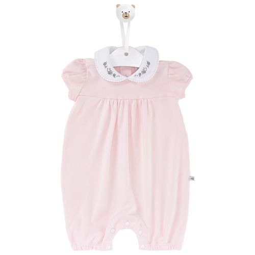Macacão de Bebê Feminino Curto Algodão Egípcio com Flores Bordadas na Gola - ROSA BEBE