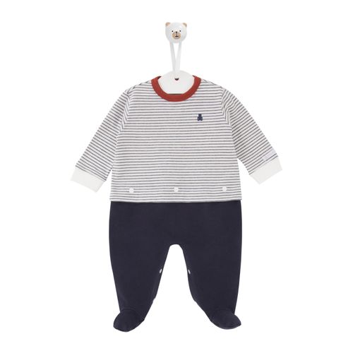 Macacão de Bebê Longo Masculino Listrado Moletom - AZUL MARINHO