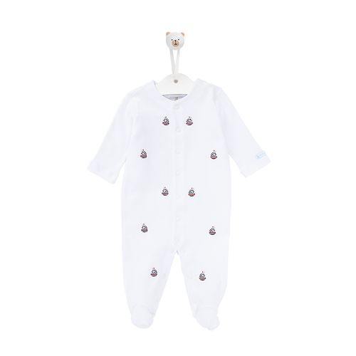 Macacão de Bebê Masculino Longo Algodão Egípcio com Bordado Barco - BRANCO