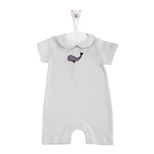 Macacão de Bebê Masculino Curto Algodão Egípcio Bordado Baleia - BRANCO