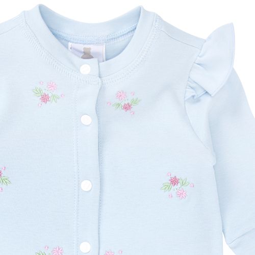 Macacão de Bebê Feminino Longo Algodão Egípcio Bordado de Flores - AZUL BEBE