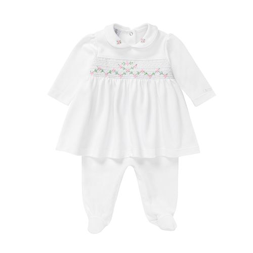 Macacão Vestido de Bebê Feminino Longo Ponto Smock - BRANCO