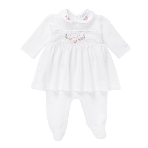 Macacão Vestido de Bebê Feminino Ponto Smock - BRANCO
