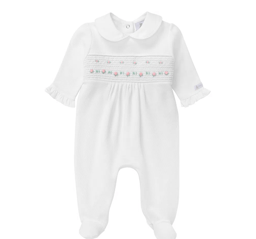 Macacão de Bebê Feminino Longo Ponto Smock - BRANCO