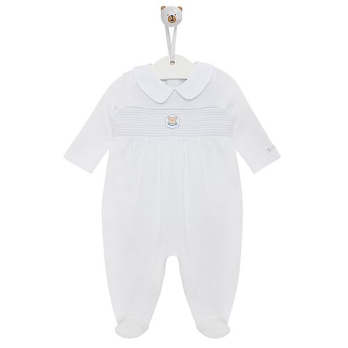 Macacão de Bebê Masculino Longo Ponto Smock Ursinho - BRANCO