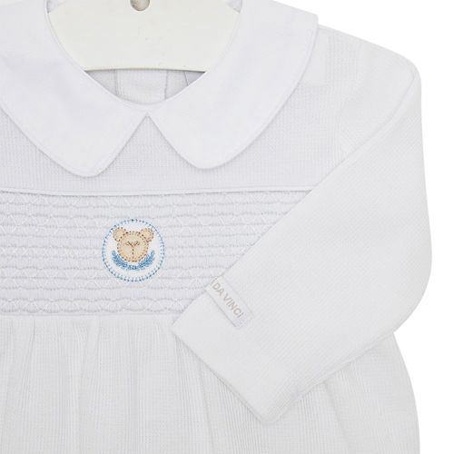 Macacão de Bebê Masculino Longo Ponto Smock Ursinho - BRANCO