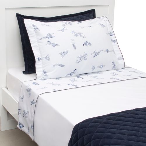 Jogo de Lençol Solteiro 230 Fios Algodão Egípcio Aviões - AZUL MARINHO