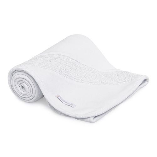 Manta de Bebê Ponto Smock com Bordado Rococó - BRANCO